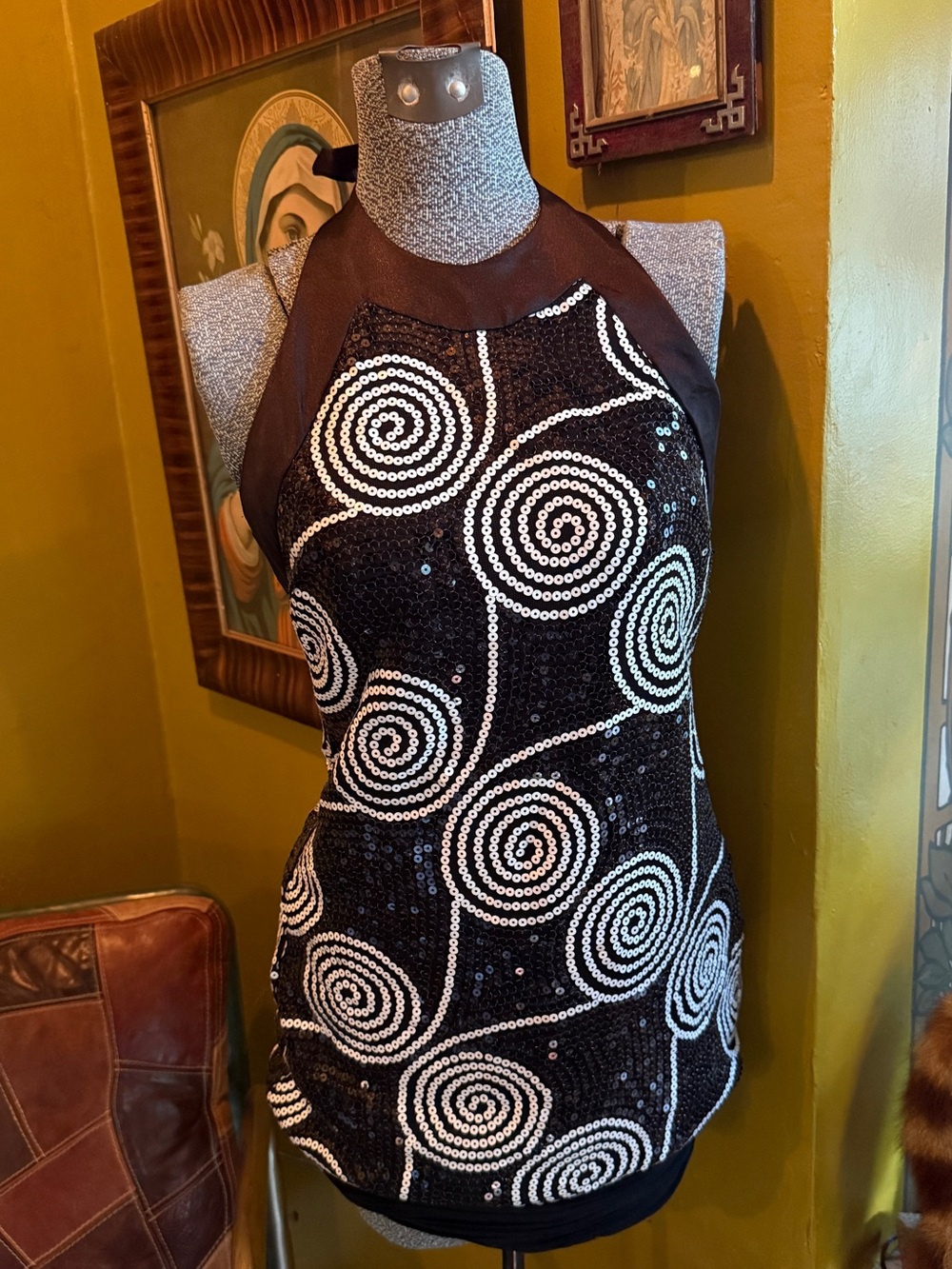 90s cache Black Sequin Halter Dress with White Spiral Detail